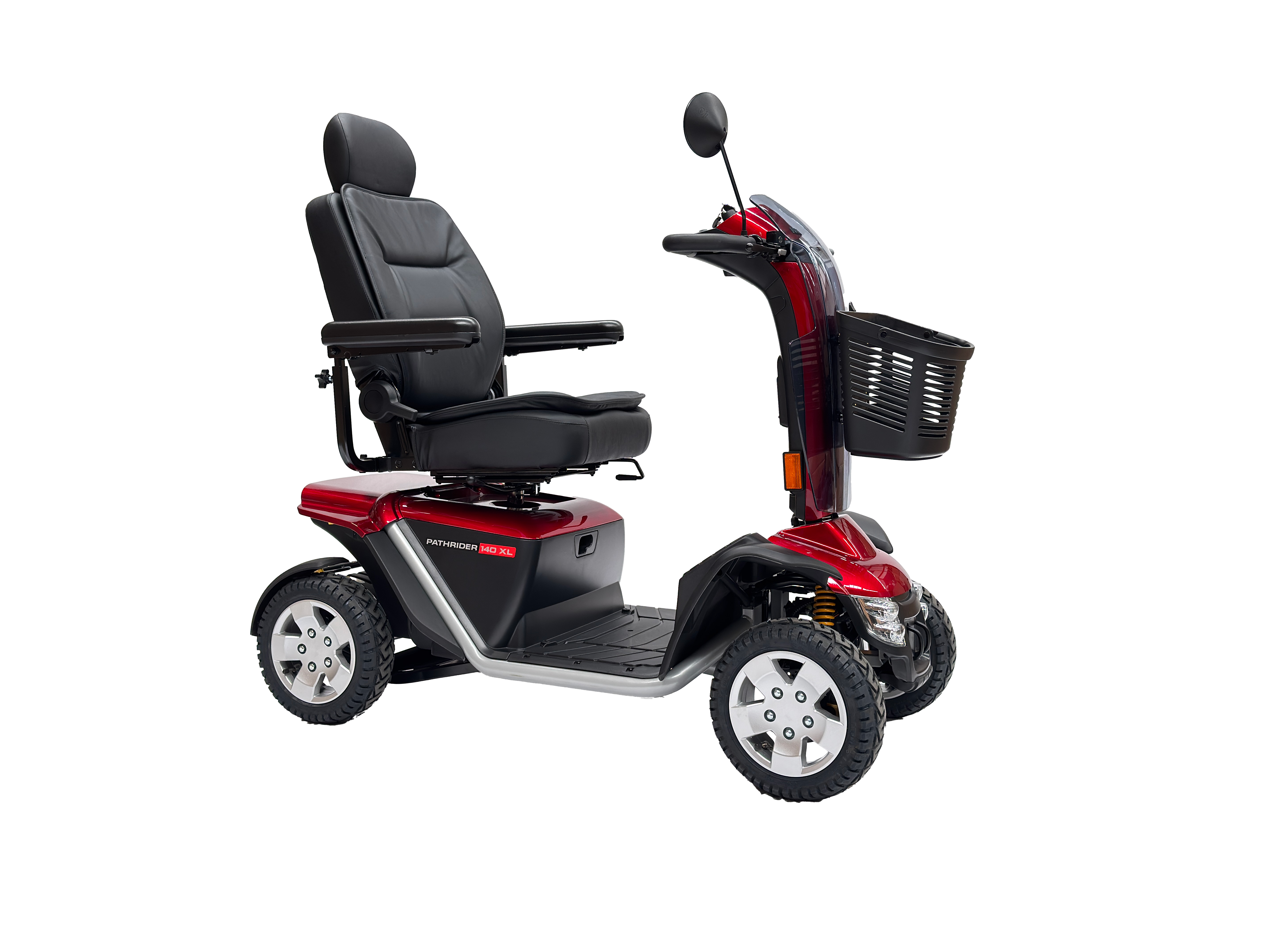 Side profile of the Pride Pathrider 140XL four-wheel mobility scooter in red with large suspension wheels and high-back captain’s seat